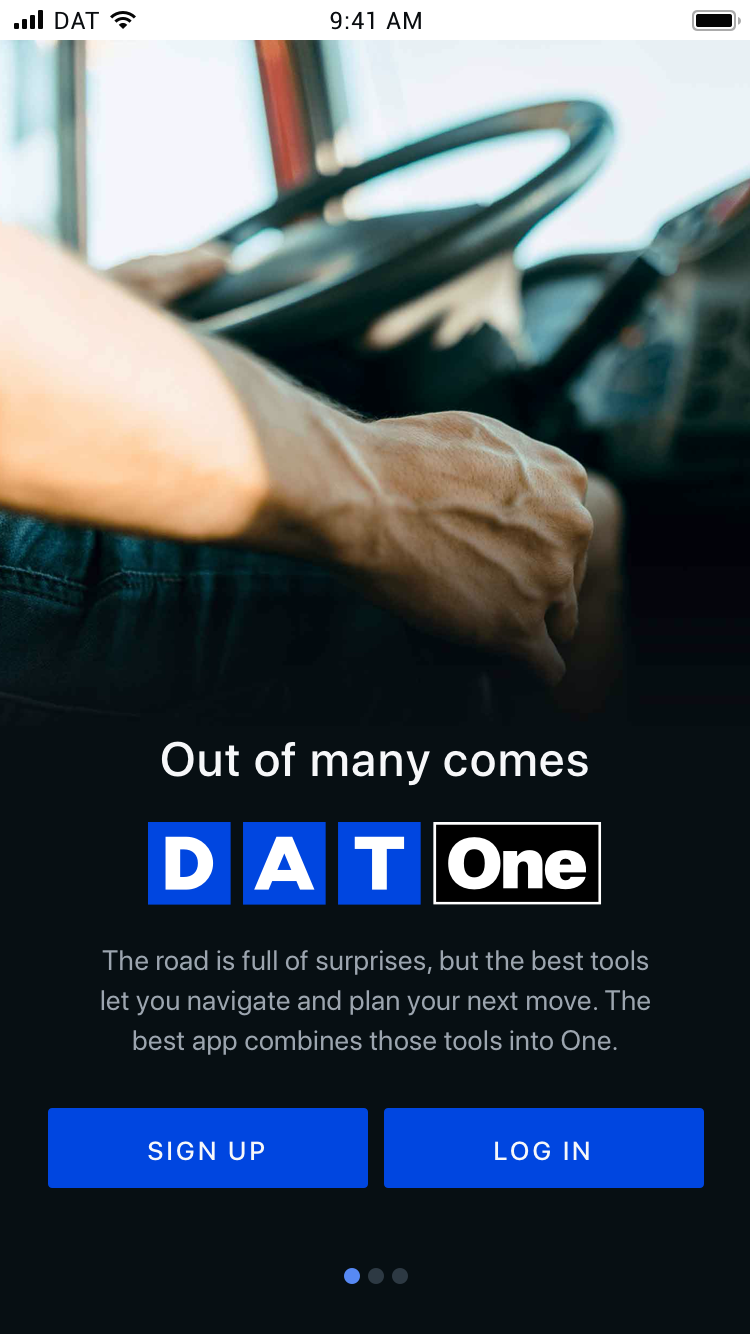 Mobile app login screen for DAT One, the mobile app for truck drivers.